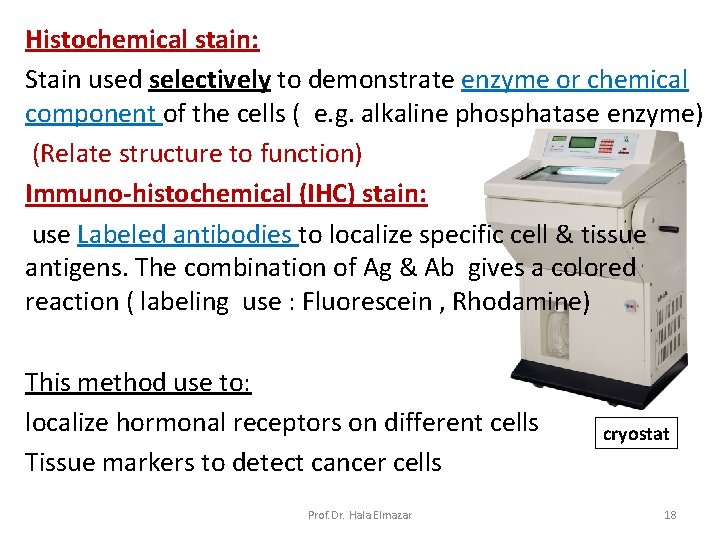Histochemical stain: Stain used selectively to demonstrate enzyme or chemical component of the cells