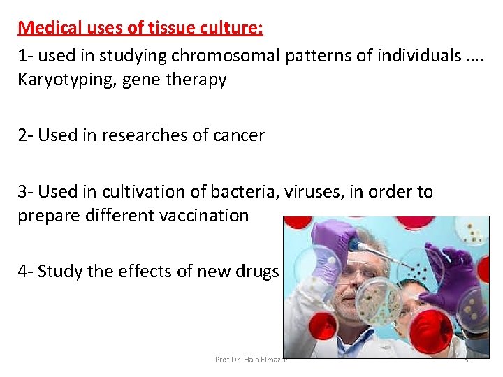 Medical uses of tissue culture: 1 - used in studying chromosomal patterns of individuals