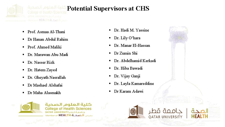 Potential Supervisors at CHS § Prof. Asmaa Al-Thani § Dr. Hadi M. Yassine §