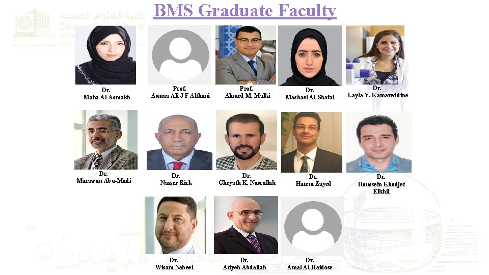 BMS Graduate Faculty Dr. Maha Al-Asmakh Dr. Marawan Abu-Madi Prof. Asmaa Ali J F