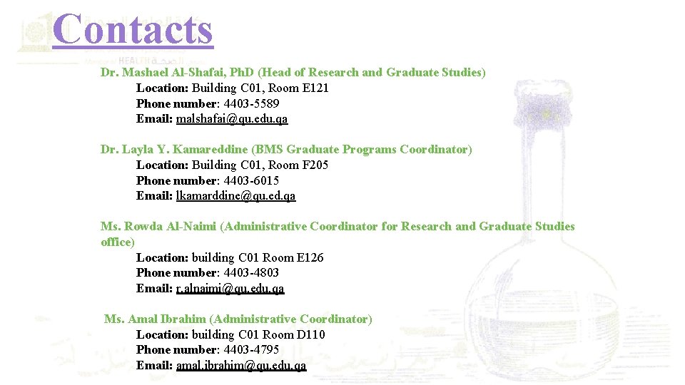 Contacts Dr. Mashael Al-Shafai, Ph. D (Head of Research and Graduate Studies) Location: Building