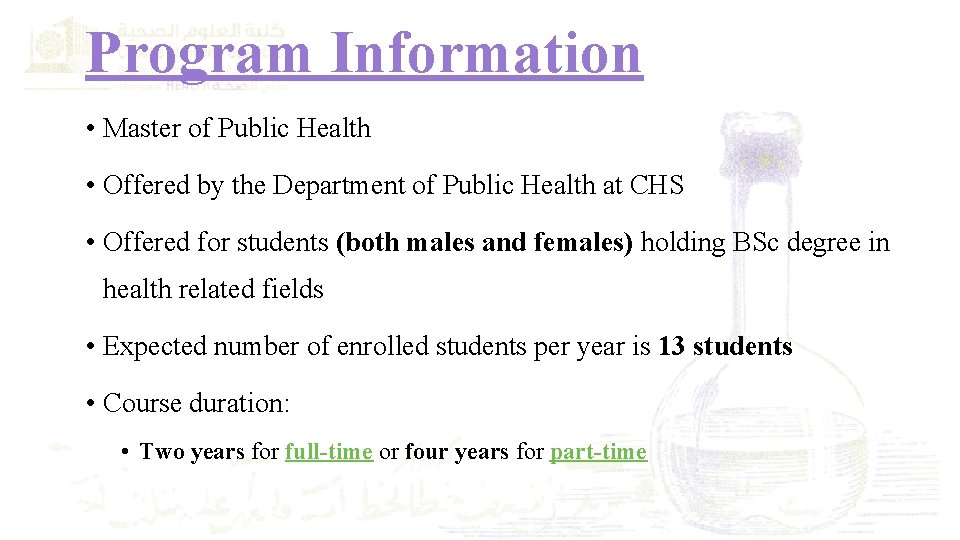 Program Information • Master of Public Health • Offered by the Department of Public