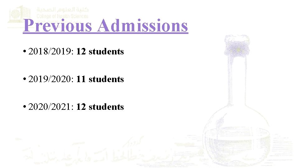 Previous Admissions • 2018/2019: 12 students • 2019/2020: 11 students • 2020/2021: 12 students