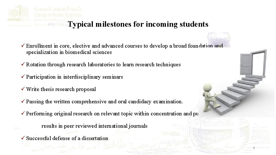 Typical milestones for incoming students ü Enrollment in core, elective and advanced courses to