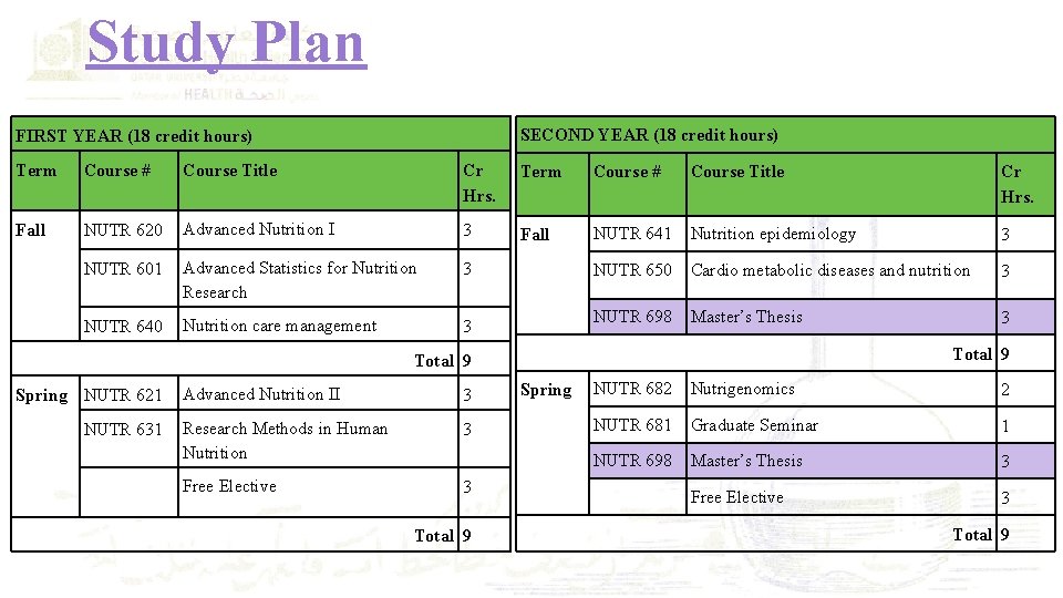 Study Plan SECOND YEAR (18 credit hours) FIRST YEAR (18 credit hours) Term Course