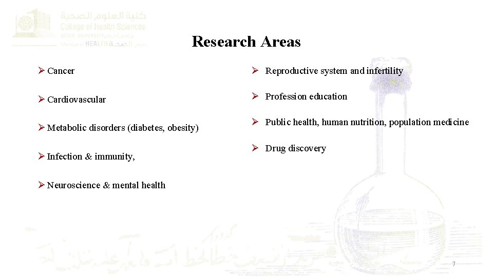 Research Areas Ø Cancer Ø Reproductive system and infertility Ø Cardiovascular Ø Profession education