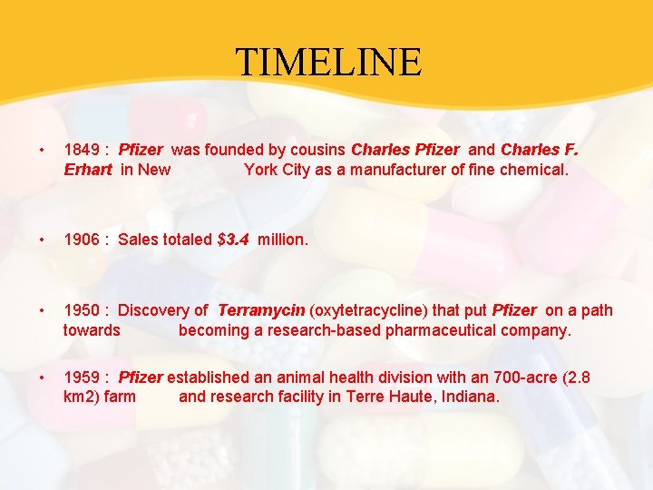 TIMELINE • 1849 : Pfizer was founded by cousins Charles Pfizer and Charles F.