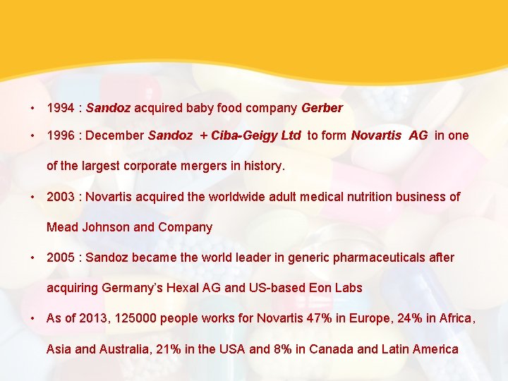  • 1994 : Sandoz acquired baby food company Gerber • 1996 : December