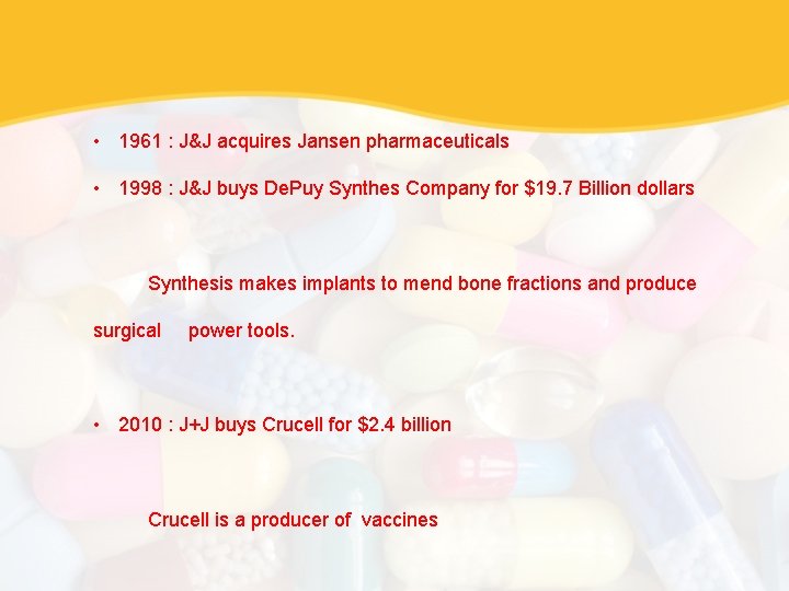  • 1961 : J&J acquires Jansen pharmaceuticals • 1998 : J&J buys De.