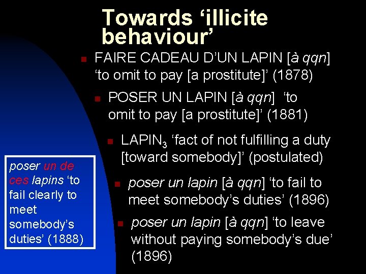 Towards ‘illicite behaviour’ n FAIRE CADEAU D’UN LAPIN [à qqn] ‘to omit to pay