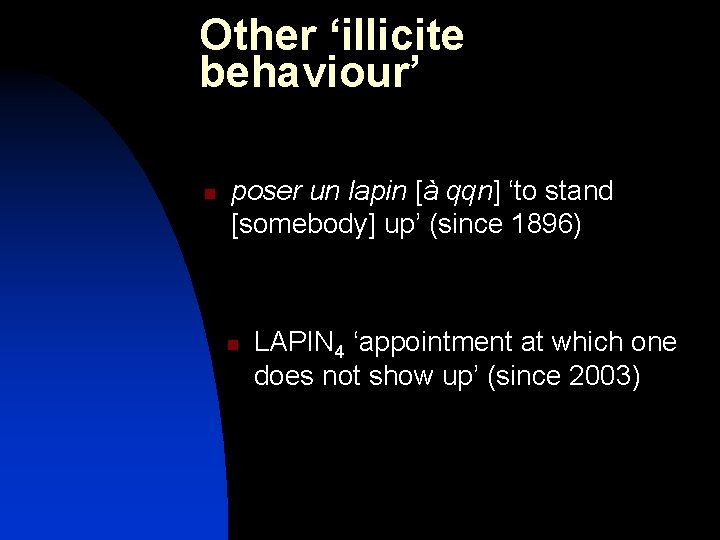 Other ‘illicite behaviour’ n poser un lapin [à qqn] ‘to stand [somebody] up’ (since