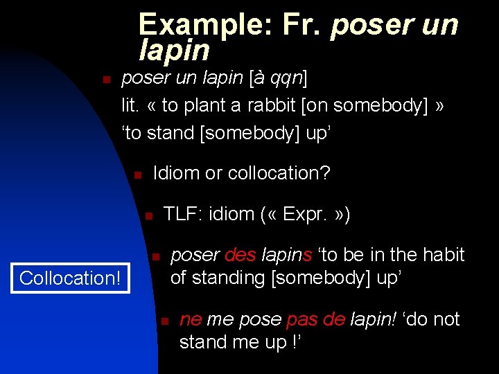 Example: Fr. poser un lapin n poser un lapin [à qqn] lit. « to