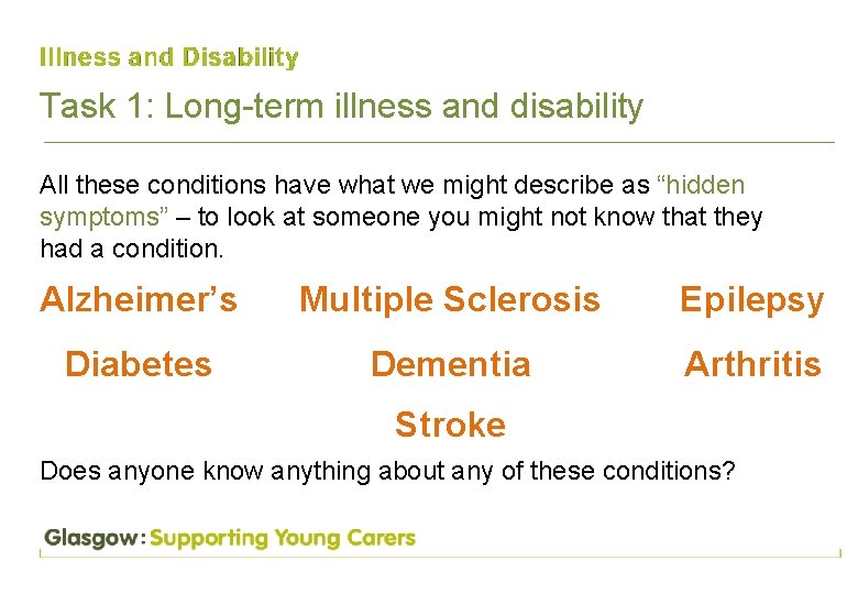 Task 1: Long-term illness and disability All these conditions have what we might describe