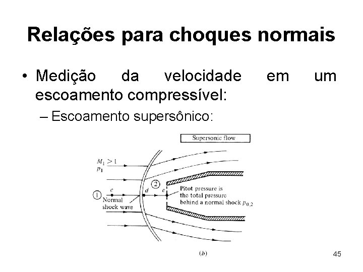 Relações para choques normais • Medição da velocidade escoamento compressível: em um – Escoamento