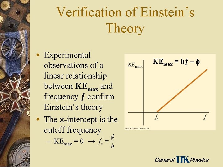 Verification of Einstein’s Theory w Experimental observations of a linear relationship between KEmax and