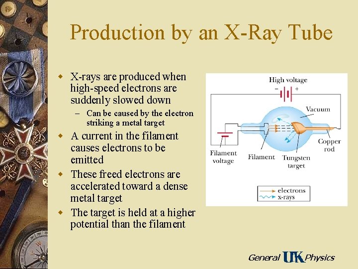 Production by an X-Ray Tube w X-rays are produced when high-speed electrons are suddenly