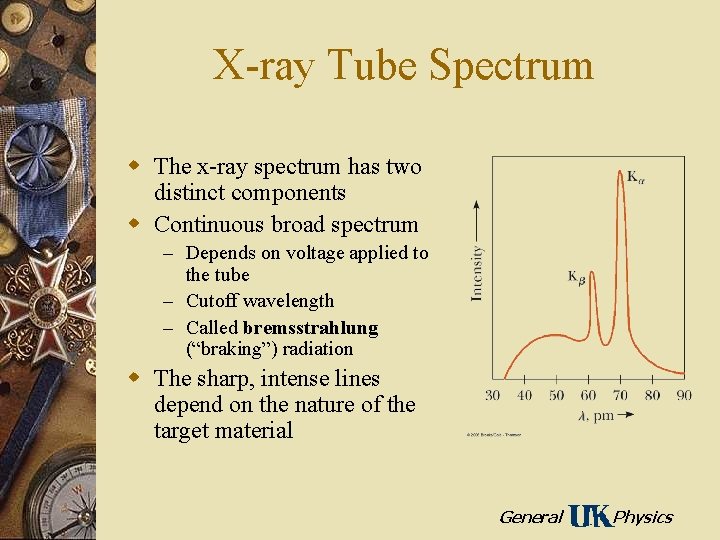 X-ray Tube Spectrum w The x-ray spectrum has two distinct components w Continuous broad