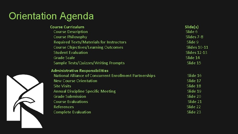Orientation Agenda Course Curriculum Course Description Course Philosophy Required Texts/Materials for Instructors Course Objectives/Learning
