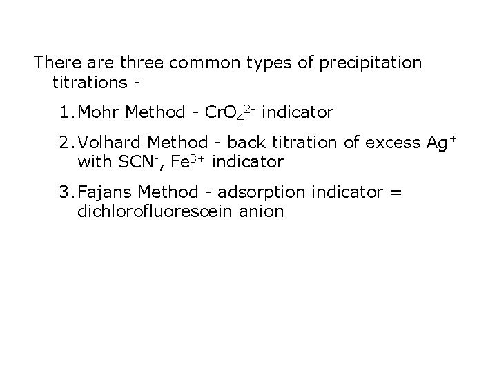 There are three common types of precipitation titrations - 1. Mohr Method - Cr.