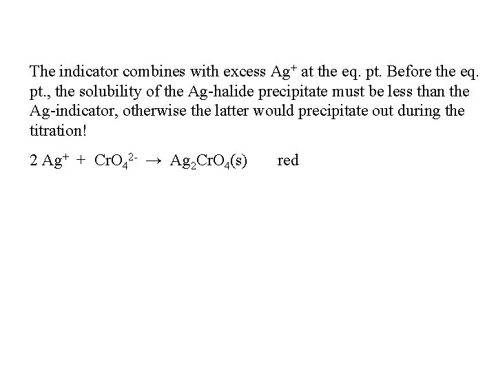 The indicator combines with excess Ag+ at the eq. pt. Before the eq. pt.