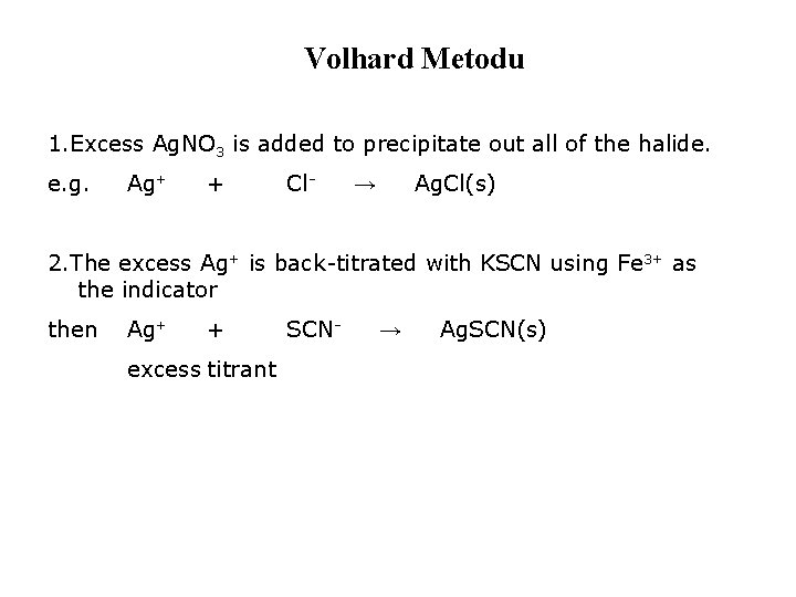 Volhard Metodu 1. Excess Ag. NO 3 is added to precipitate out all of