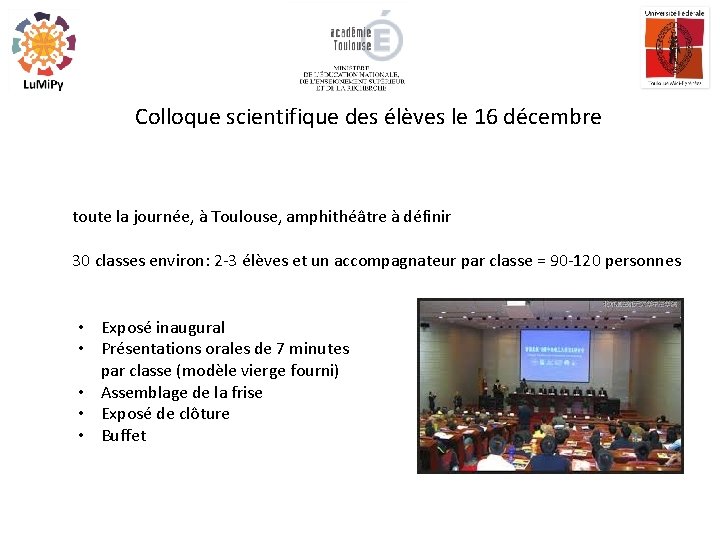 Colloque scientifique des élèves le 16 décembre toute la journée, à Toulouse, amphithéâtre à