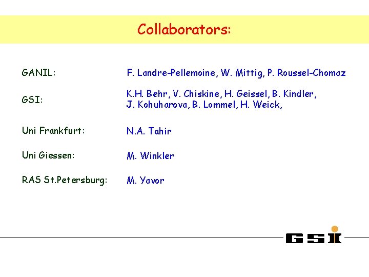 Collaborators: GANIL: F. Landre-Pellemoine, W. Mittig, P. Roussel-Chomaz GSI: K. H. Behr, V. Chiskine,