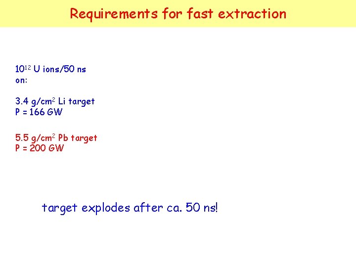 Requirements for fast extraction 1012 U ions/50 ns on: 3. 4 g/cm 2 Li