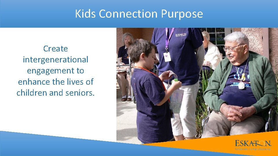 Kids Connection Purpose Create intergenerational engagement to enhance the lives of children and seniors.