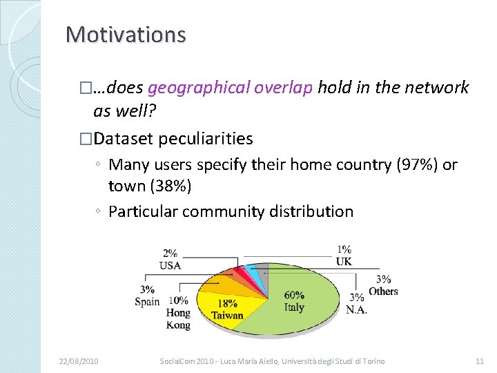 Motivations �…does geographical overlap hold in the network as well? �Dataset peculiarities ◦ Many