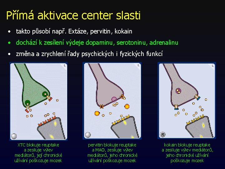 Přímá aktivace center slasti • takto působí např. Extáze, pervitin, kokain • dochází k Přímá aktivace center slasti • takto působí např. Extáze, pervitin, kokain • dochází k