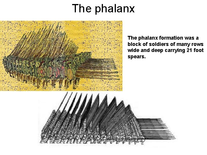 The phalanx formation was a block of soldiers of many rows wide and deep