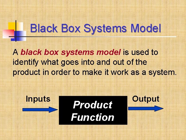 Black Box Systems Model A black box systems model is used to identify what