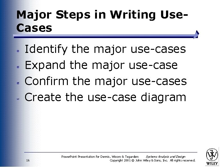 Major Steps in Writing Use. Cases Identify the major use-cases Expand the major use-case