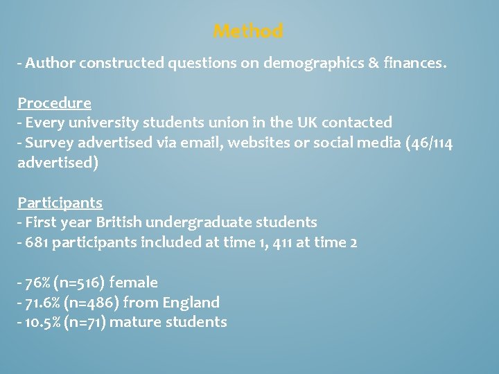 Method - Author constructed questions on demographics & finances. Procedure - Every university students
