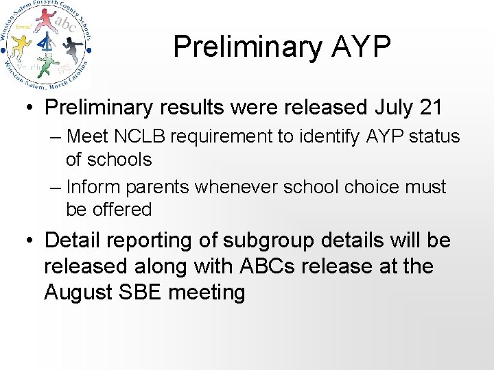Preliminary AYP • Preliminary results were released July 21 – Meet NCLB requirement to