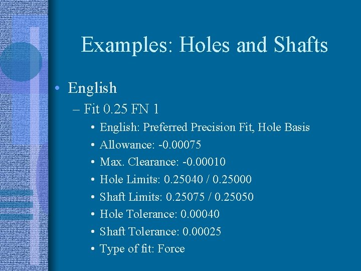 Examples: Holes and Shafts • English – Fit 0. 25 FN 1 • •