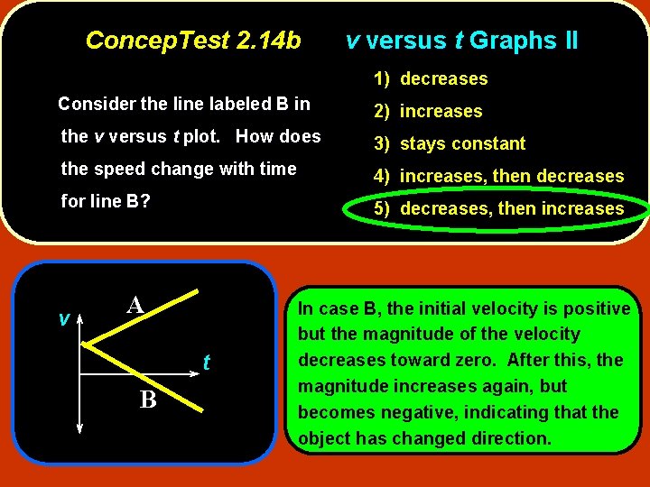 Concep. Test 2. 14 b v versus t Graphs II 1) decreases Consider the