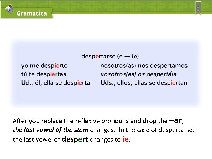 After you replace the reflexive pronouns and drop the –ar, the last vowel of