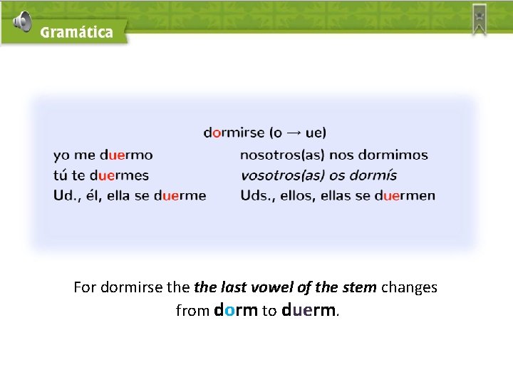 For dormirse the last vowel of the stem changes from dorm to duerm. 
