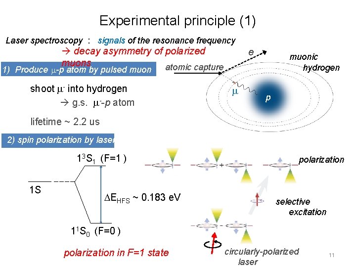 Experimental principle (1) Laser spectroscopy : signals of the resonance frequency decay asymmetry of