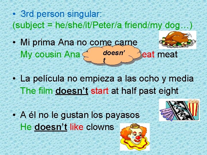  • 3 rd person singular: (subject = he/she/it/Peter/a friend/my dog…) • Mi prima