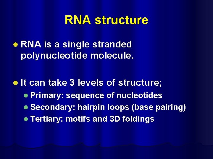 RNA structure l RNA is a single stranded polynucleotide molecule. l It can take