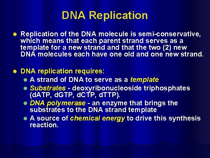 DNA Replication l Replication of the DNA molecule is semi-conservative, which means that each