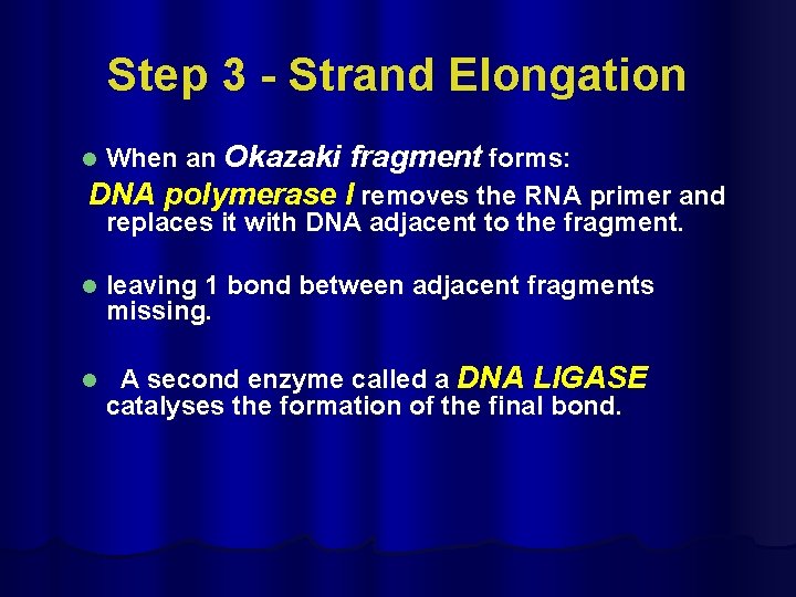 Step 3 - Strand Elongation When an Okazaki fragment forms: DNA polymerase I removes