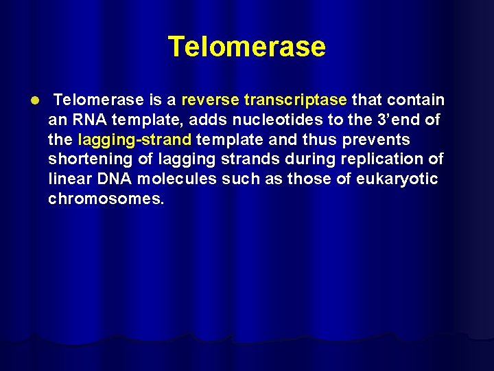 Telomerase l Telomerase is a reverse transcriptase that contain an RNA template, adds nucleotides