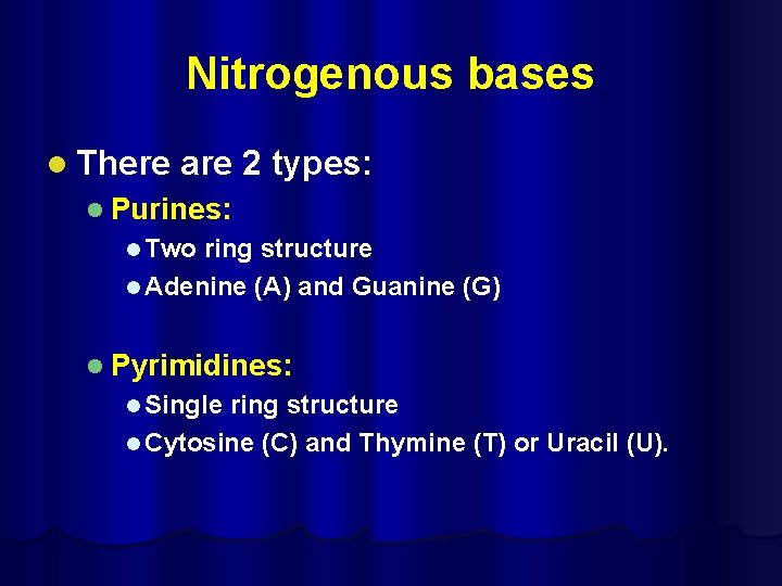 Nitrogenous bases l There are 2 types: l Purines: l Two ring structure l