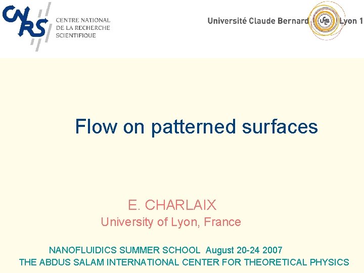 Flow on patterned surfaces E. CHARLAIX University of Lyon, France NANOFLUIDICS SUMMER SCHOOL August