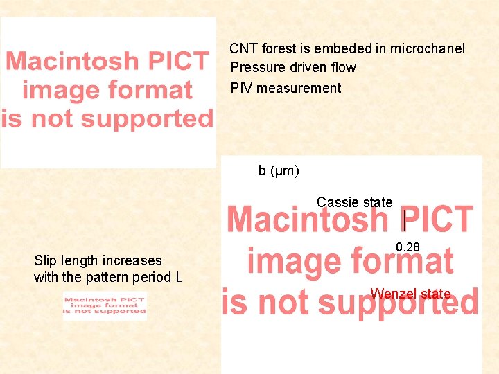 CNT forest is embeded in microchanel Pressure driven flow PIV measurement b (µm) Cassie