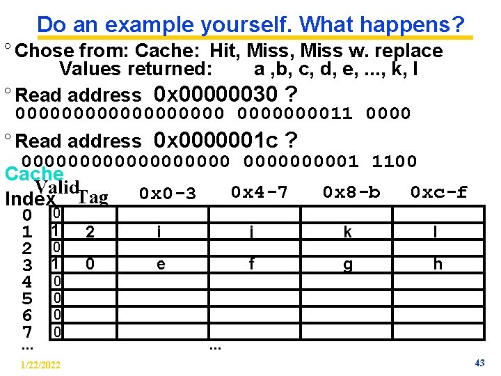 Do an example yourself. What happens? ° Chose from: Cache: Hit, Miss w. replace Do an example yourself. What happens? ° Chose from: Cache: Hit, Miss w. replace